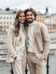 Sticker - female and male in beige and white luxury clothing. smiling happy