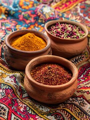 Poster - Clay bowls filled with traditional Moroccan spices like saffron, ras el hanout, and cinnamon, displayed on a colorful fabric background. Generative AI