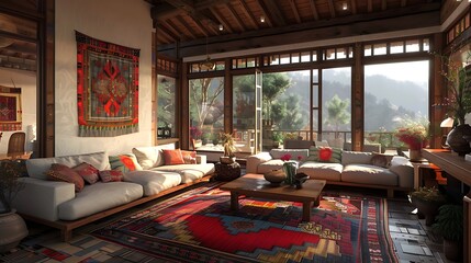 Wall Mural - Bhutanese living room. Bhutan. Cozy rustic living room interior with ethnic decor elements, large windows, and a mountain view. 