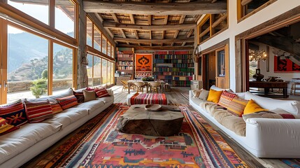 Wall Mural - Bhutanese living room. Bhutan. A spacious and rustic living room with colorful textiles and a panoramic view of the mountains outside the large windows. 