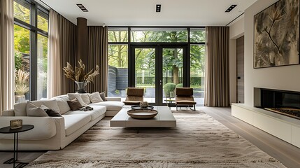 Wall Mural - Dutch living room. The Netherlands. Modern living room interior with elegant furnishings and a view of the garden through large windows, inviting comfort and style. 