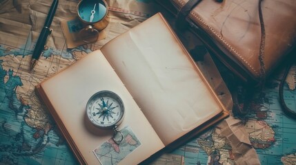 A wooden table displays an open book with a map, compass, and intricate circle pattern on the cover. The font, painting, and metal artifact add to the art facade AIG50