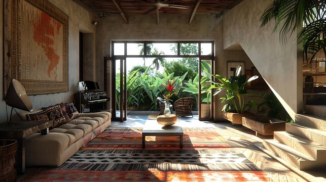 Gambian living room. The-Gambia. A stylish living room with modern furniture and tropical view through open doors, evoking a serene and luxurious atmosphere.