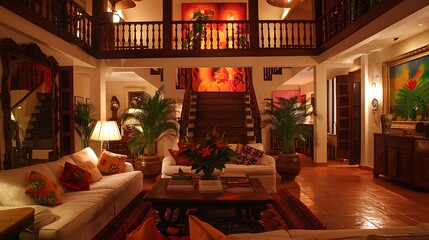 Jamaican living room. Jamaica. Elegant interior living room design with warm lighting and art decorations for a luxurious ambiance.