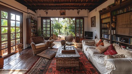 Wall Mural - Malawian living room. Malawi. Cozy and inviting living room with rustic decor and lush greenery visible through the open French doors, perfect for relaxation and home comfort themes 