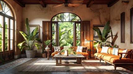 Wall Mural - Panamanian living room. Panama. Luxurious beachfront living room with panoramic ocean views and modern design elements 