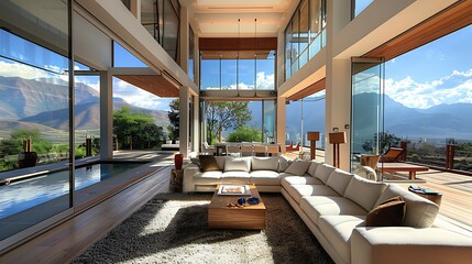 Wall Mural - South African living room. South-Africa. Modern luxury living room interior with panoramic mountain view and abundant natural light from floor-to-ceiling windows. 