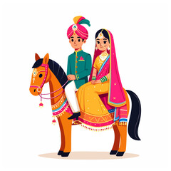 Wall Mural - Indian bride and groom sitting on horse vector illustration 