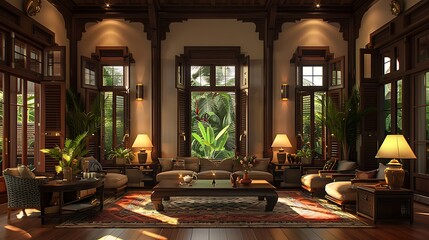 Wall Mural - Surinamese living room. Suriname. Elegant traditional living room with intricate wooden architecture and cozy ambiance illuminated by warm lighting 