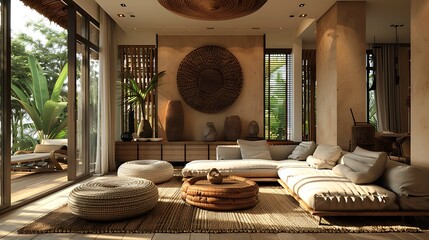 Wall Mural - Tanzanian living room. Tanzania. Modern and serene living room interior with natural materials and sunlight filtering through large windows, perfect for a cozy home design concept. 