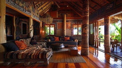 Wall Mural - Tongan living room. Tonga. Luxurious wooden interior of a traditional tropical house with intricate patterns and comfortable furniture. 