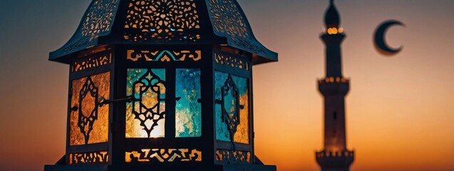 Wall Mural - Lantern-lit desert with mosque, crescent moon – Ramadan Kareem illustration.