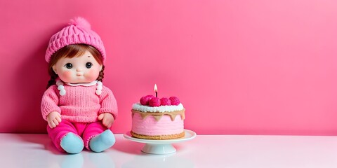 Wall Mural - A small cute doll is sitting on a pink background and there is a cake next to her, cute wallpaper, wallpaper for girls,textile, wallpaper, 5D, little cute doll sitting on a pink background with a cake