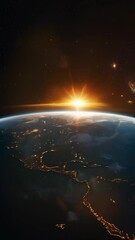 Aufkleber - Sunrise over Earth from space with illuminated cities and stars. High-resolution digital artwork. Astronomy and space exploration concept.