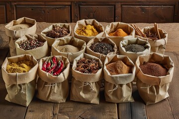 Fototapete - A rustic wooden table with an array of various spices in paper bags, including turmeric, paprika, and cinnamon. Generative AI
