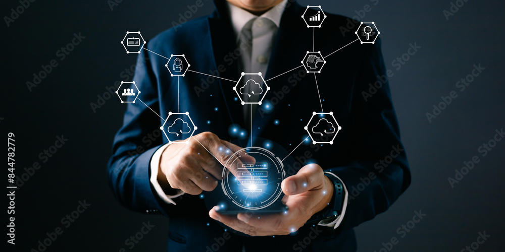 man holding icon cloud computing diagram show on hand. data center ...