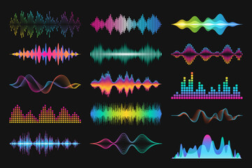 a set of colorful abstract audio visualizations on a black background. various types of sound waves 