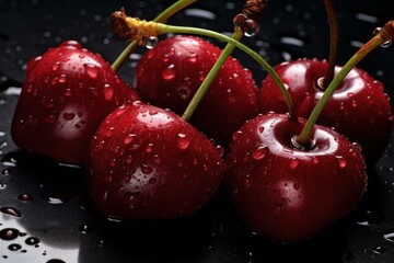 Wall Mural - Close-up of ripe, juicy red cherries with water droplets, on a sleek dark surface