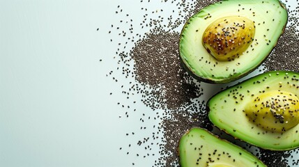 Wall Mural - Close-Up View of Fresh Organic Avocado Halves and Chia Seeds on a White Background, Highlighting Their Nutritional Benefits and Culinary Uses for Health-Conscious Diets