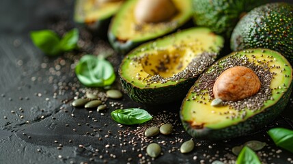 Wall Mural - Close-Up View of Fresh Organic Avocado Halves and Chia Seeds on a White Background, Highlighting Their Nutritional Benefits and Culinary Uses for Health-Conscious Diets