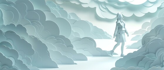 woman walking in white clouds idea behind to show woman lost alone, unique thought-provoking interes