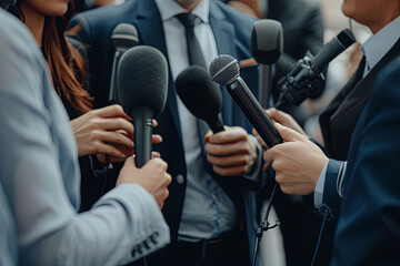 Media Interview - journalists with microphones interviewing formal dressed politician
