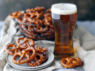 A plate of pretzels and a glass of beer sit on a table