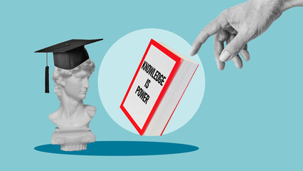 Poster - Graduate study or Education knowledge is power concept. Collage with ancient sculpture in Graduation cap and the book