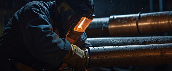 Skilled welder assembling durable pipelines for infrastructure project, well lit, but full of determination, the weather is cloudy but without rain, it is dark outside