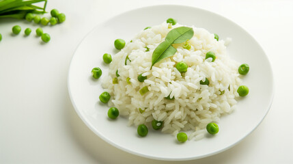 Wall Mural - Rice and Peas in a plate on a light background, Vegetarian food