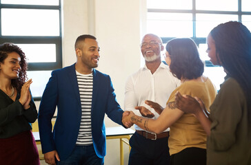 Aufkleber - Team, handshake and success with applause from office deal, agreement and achievement. Happy, contract meeting and clapping from business people with support, cooperation and congratulations at work