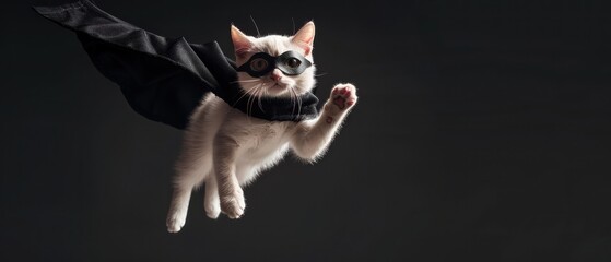 white cat in superhero costume in black cape. white kitten superhero jumping in the air in a black cape on black background