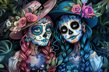 Wall Mural - Couple with Santa Muerta style makeup 
