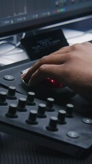 Fototapete - Vertical shot of African American film editor working by color grading control surface in studio with modern design. Colorist does colour correction for movie post production. Professional equipment.