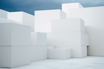 Poster - Abstract composition of white cubic shapes under a soft cloudy sky, showcasing minimalist architecture