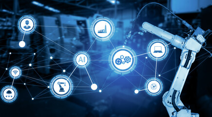 Poster - MLP Smart industry robot arms for digital factory production technology showing automation manufacturing process of the Industry 4.0 or 4th industrial revolution and IOT software to control operation.