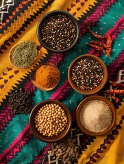 Poster - Traditional Mexican spices, including chili powder, cumin, and coriander seeds, are displayed in small bowls on a colorful fabric background. Generative AI
