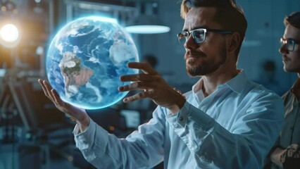 Aufkleber - Scientist in white shirt analyzing a holographic globe in a laboratory. Studio indoor photography. Science and technology research concept.