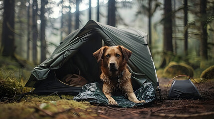 Camping companion: dog in tent in forest