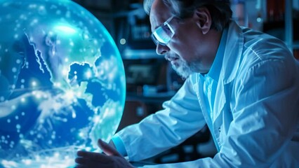 Aufkleber - Senior scientist examining a glowing holographic globe in a laboratory. Studio indoor photography. Science and technology research concept. 