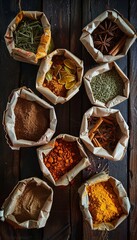 Fototapete - An overhead shot of various spices in open paper bags arranged on a wooden surface. Generative AI