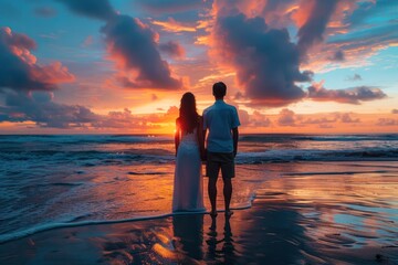 Wall Mural - couple on the beach at sunset