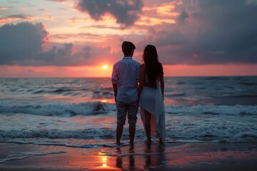 Wall Mural - young couple watching sunset on the beach