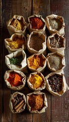 Poster - A variety of dry spices are arranged in open paper bags on a rustic wooden surface. The spices include turmeric, paprika, and cinnamon. Generative AI