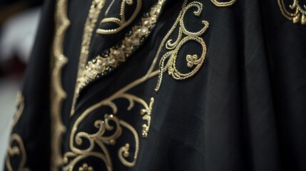 A classic black abaya with delicate gold thread embroidery in a swirling pattern along the edges