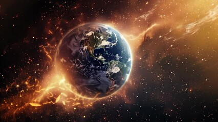 Aufkleber - Earth in space surrounded by bright cosmic flames and sparks. High-resolution space photography. Cosmic explosion and universe concept. 