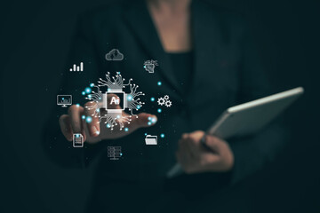 Fototapete - Businessman chatting with AI. The concept of inserting commands to allow artificial intelligence to create something from data. Future technology. Using AI to help in work.