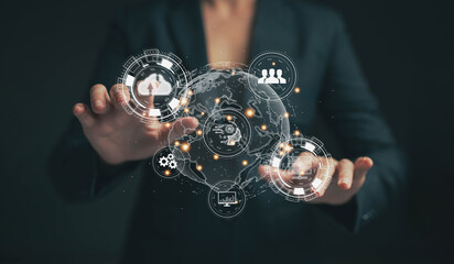 Fototapete - Businessman is using his finger to touch a virtual screen. Customer relationship management (CRM) technology concept, global network, information search and storage with cloud technology..
