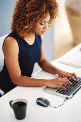 Poster - Business, typing and woman with coffee, laptop and research for online project manager, article or report at desk. Thinking, computer and consultant writing proposal, review or networking with email