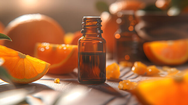 A bottle of aromatherapy essential oil with fresh oranges